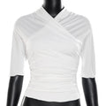 european and american style pullover spring/summer overlap collar long sleeve slim fit versatile solid color ruched top designer women's t-shirt