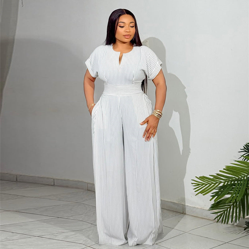 European and american women's clothing  autumn new sweet and fresh striped v-neck batwing sleeve high-waisted wide-leg jumpsuit