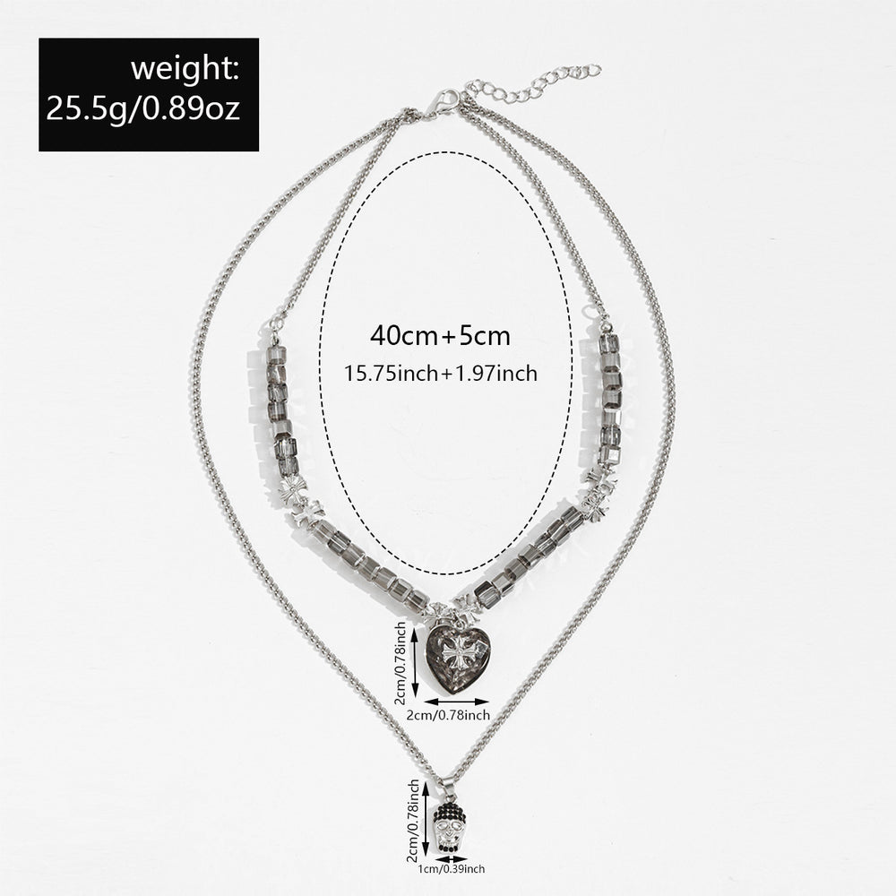 Hip-hop trendy versatile skull pendant necklace - statement layered metal heart cross men's necklace