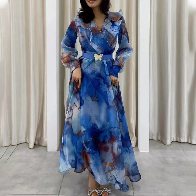 spring/summer new european and american export print maxi mesh dress - commute-friendly plus size women's dress