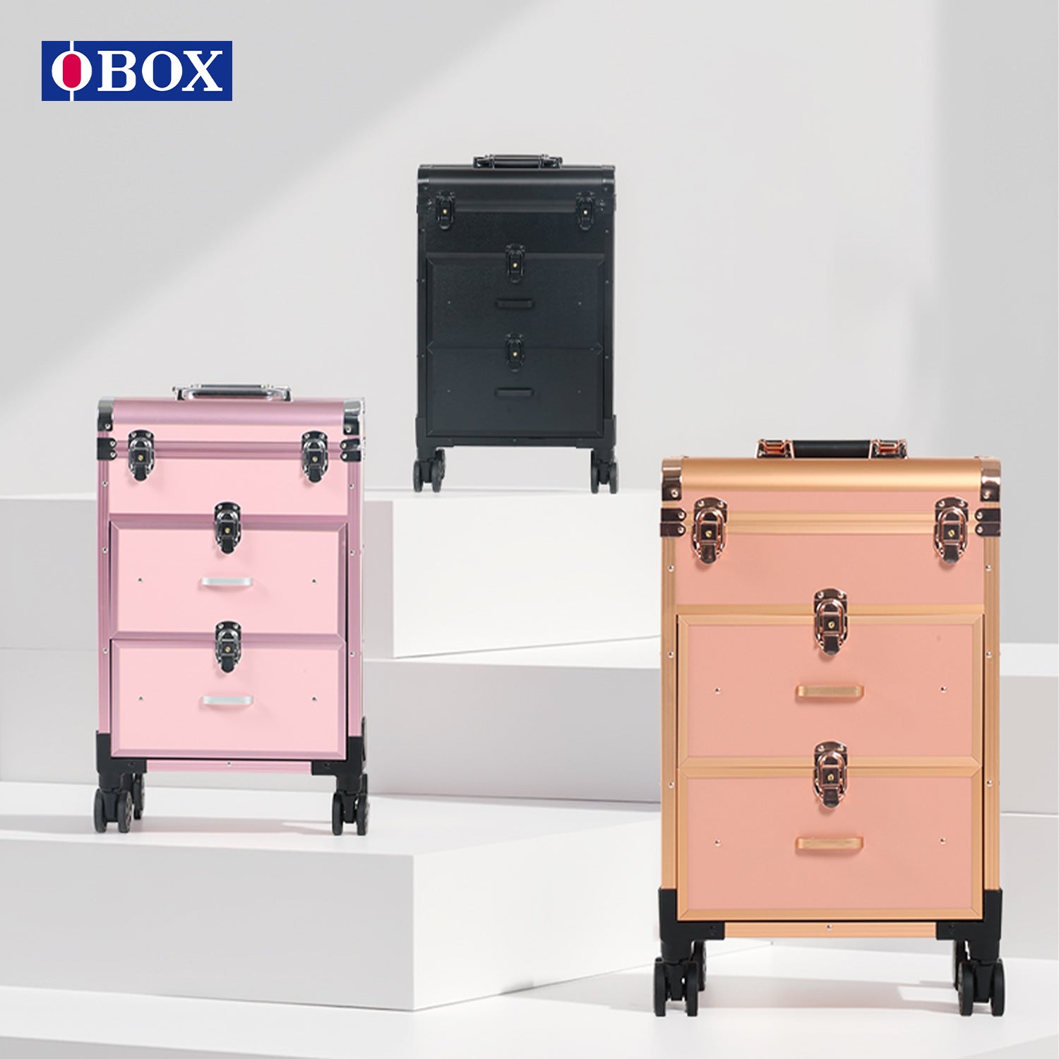 OBOX热卖拉杆化妆箱双层分隔设计便携式滚轮行李箱影楼剧组专用化