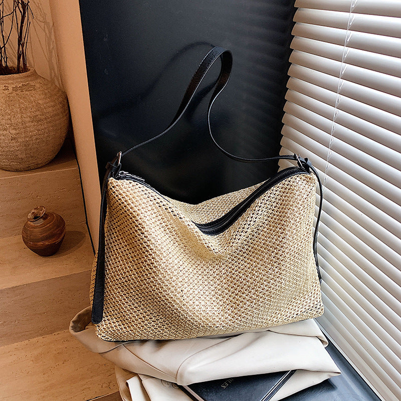 Foreign order large-capacity straw woven bag women's 2025 new summer versatile beach vacation woven tote bag messenger bag