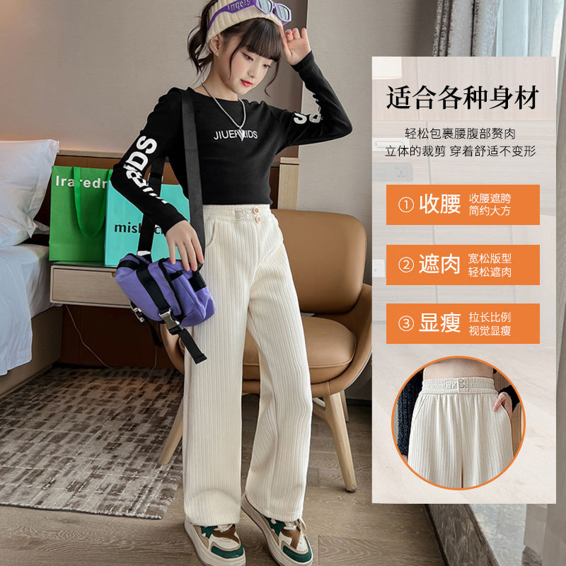 Girls' spring/autumn pants, kids' wide-leg trousers, big girls' spring collection , new loose-fit straight-leg trendy pants