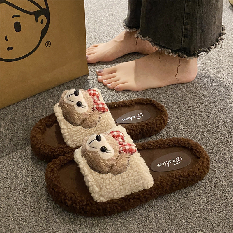 Cartoon cute lambswool slippers women's new autumn/winter korean style comfortable home anti-slip cotton slippers women's outdoor wear