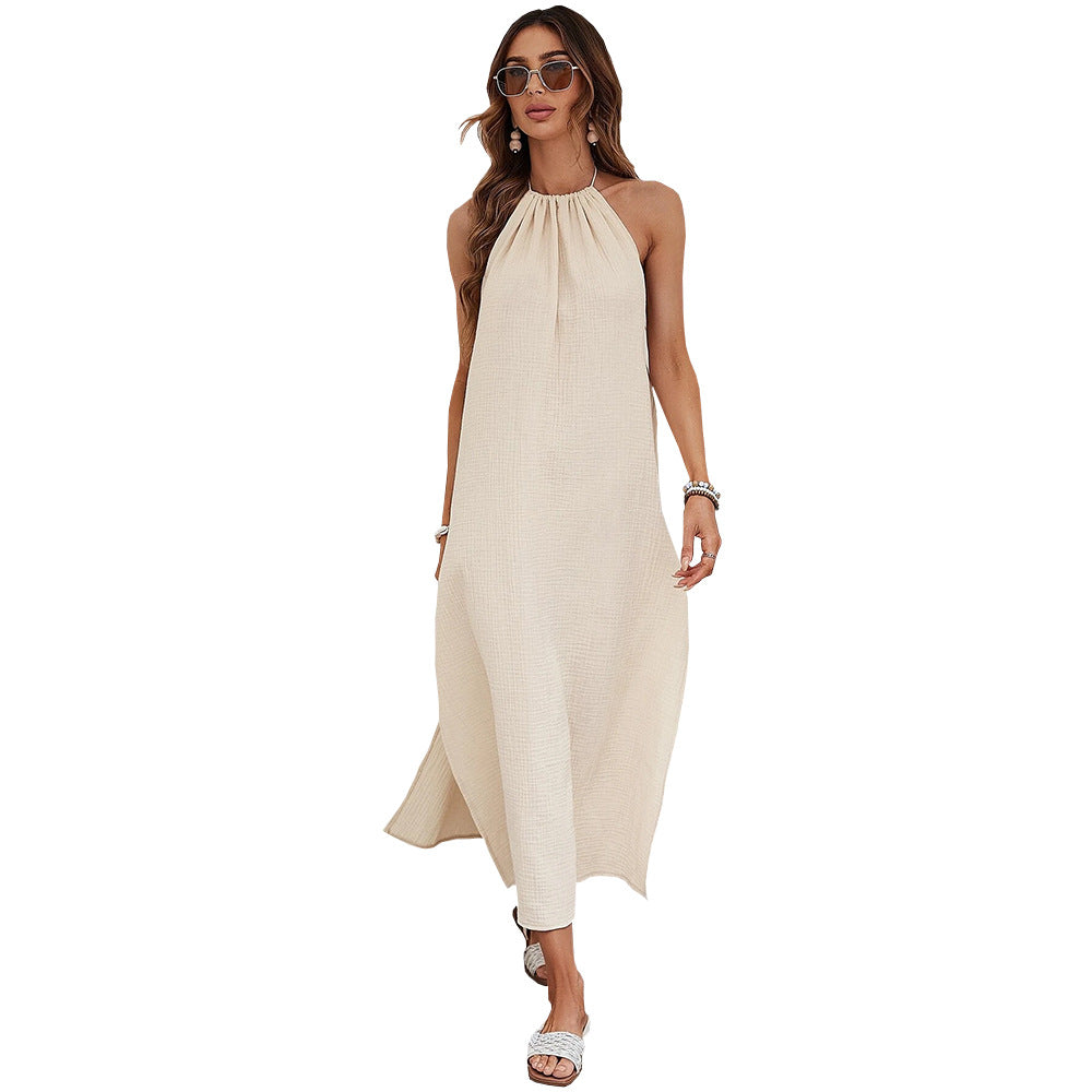 Insnew arrivalfashion cross-border woven casual stylesense of design big backless seaside vacation halterneckdress