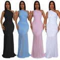 C7370 cross-border   fashion women's elegant one-shoulder sexy see-through solid color dress