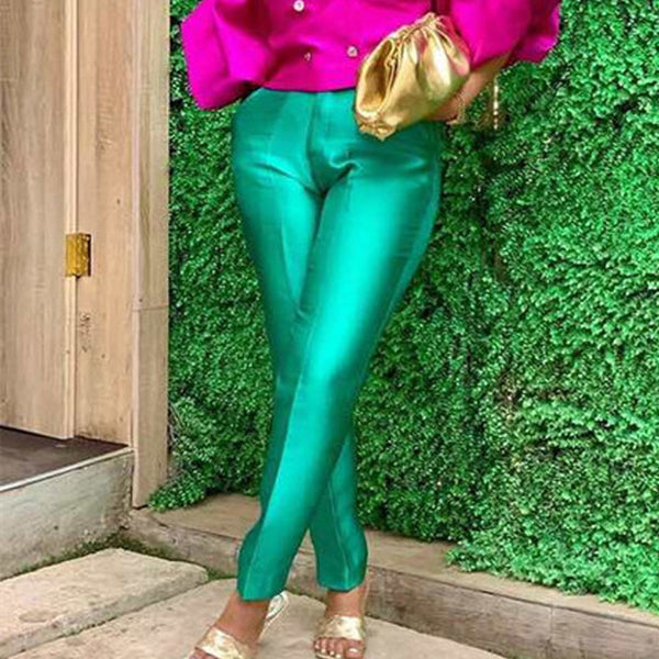 High Waist Slim Straight Pants Solid Color High Elastic OL Commuter, Women's Casual Pants Pants