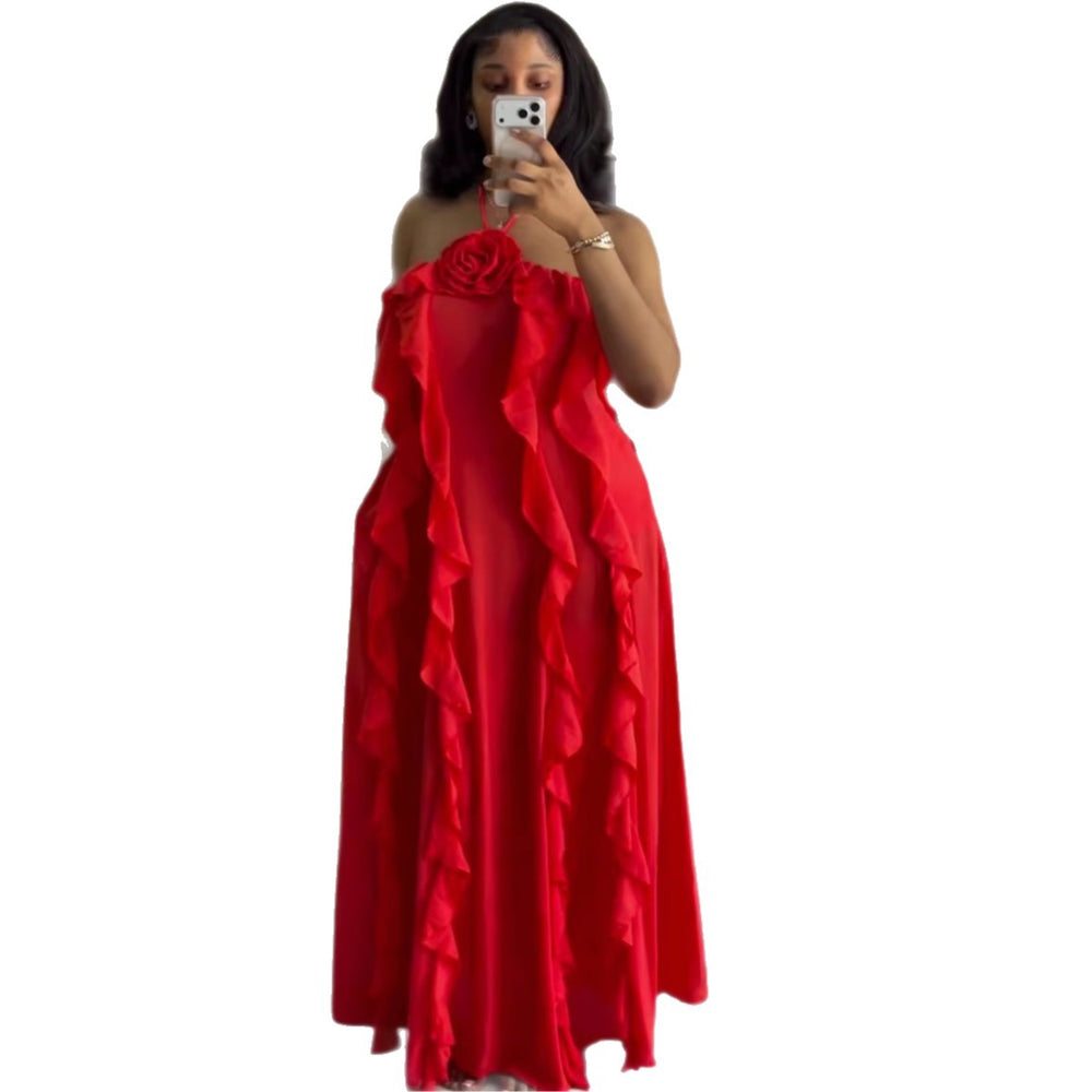 European and american cross-border women's fashion:  summer new arrival - elegant sweet halter neck 3d floral ruffle trim cami dress