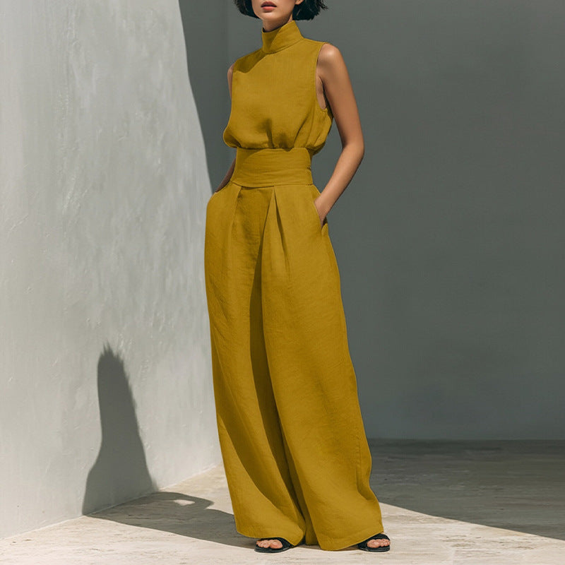 cross-border e-commerce european and american women's clothing: new summer fashion cotton linen sleeveless turtleneck long pants casual set for women