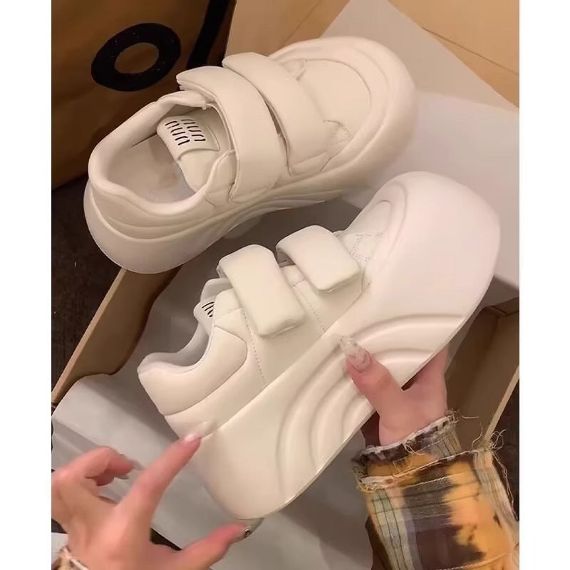 White sneakers for women, spring and summer, height-increasing thick solewhite shoes, velcro ugly sneakers, platform shoes, round-toe bread shoes