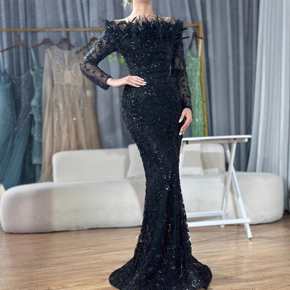 25export black one shoulder feather fishtail dress accessible luxuryeleganceelegant socialite banquet host evening dress