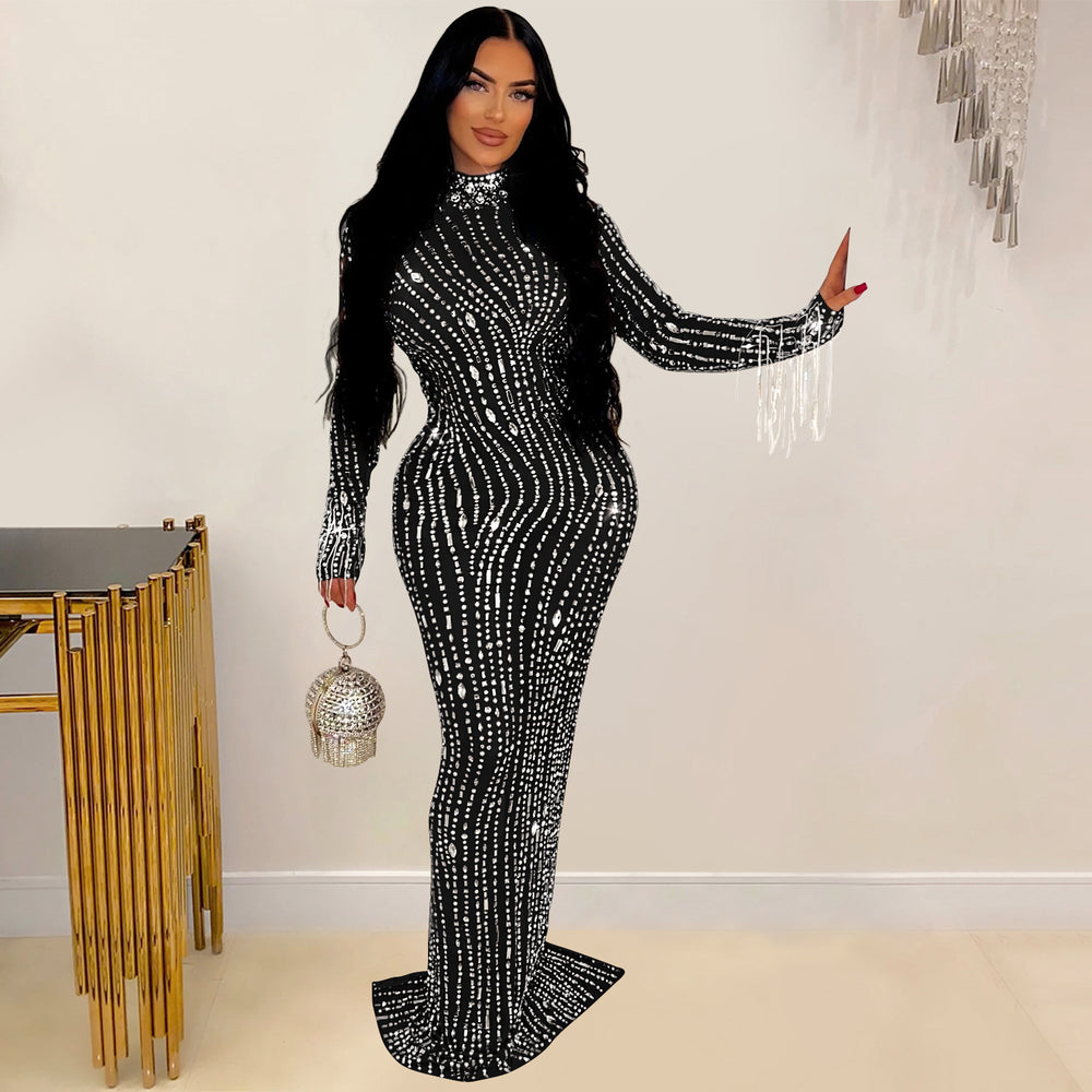 C6919 cross-border   independent station fashion women's solid color mesh rhinestone dress