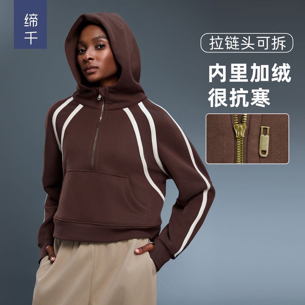 High collar half-zip hooded sweatshirt women's fleece-linedloosecontrast color sports topseasiest for matchcasualoutweard25159