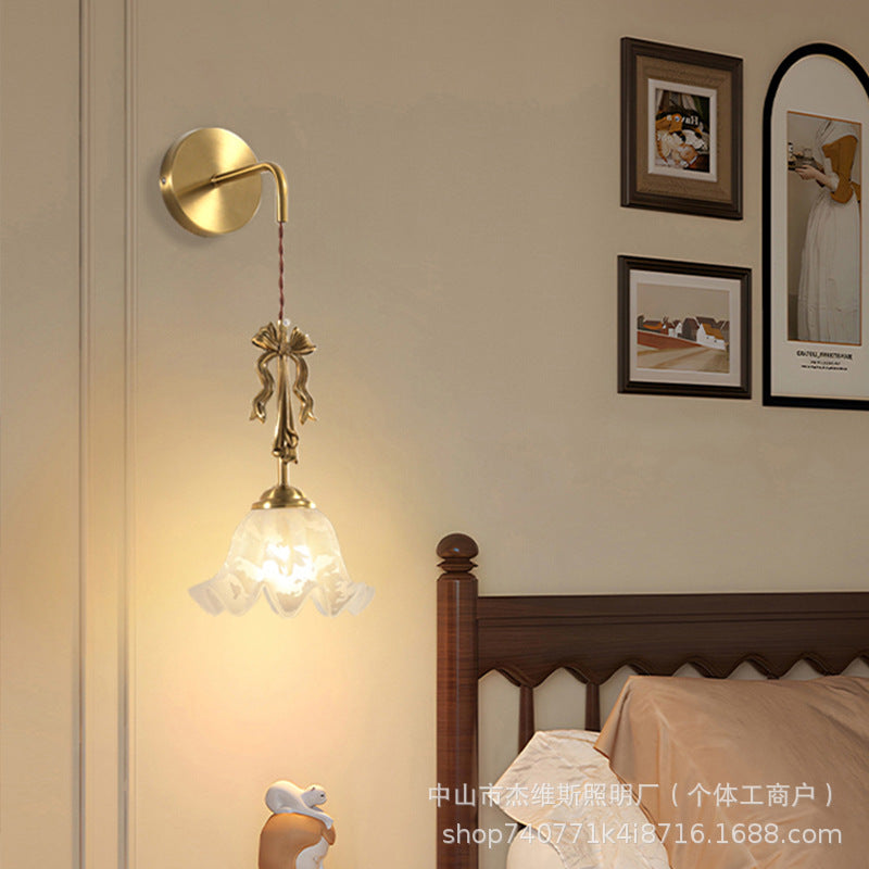 French retro bow brass small pendant wall lamp 3d ceramic flower pleated fabric bedroom bedside light