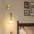 French retro bow brass small pendant wall lamp 3d ceramic flower pleated fabric bedroom bedside light