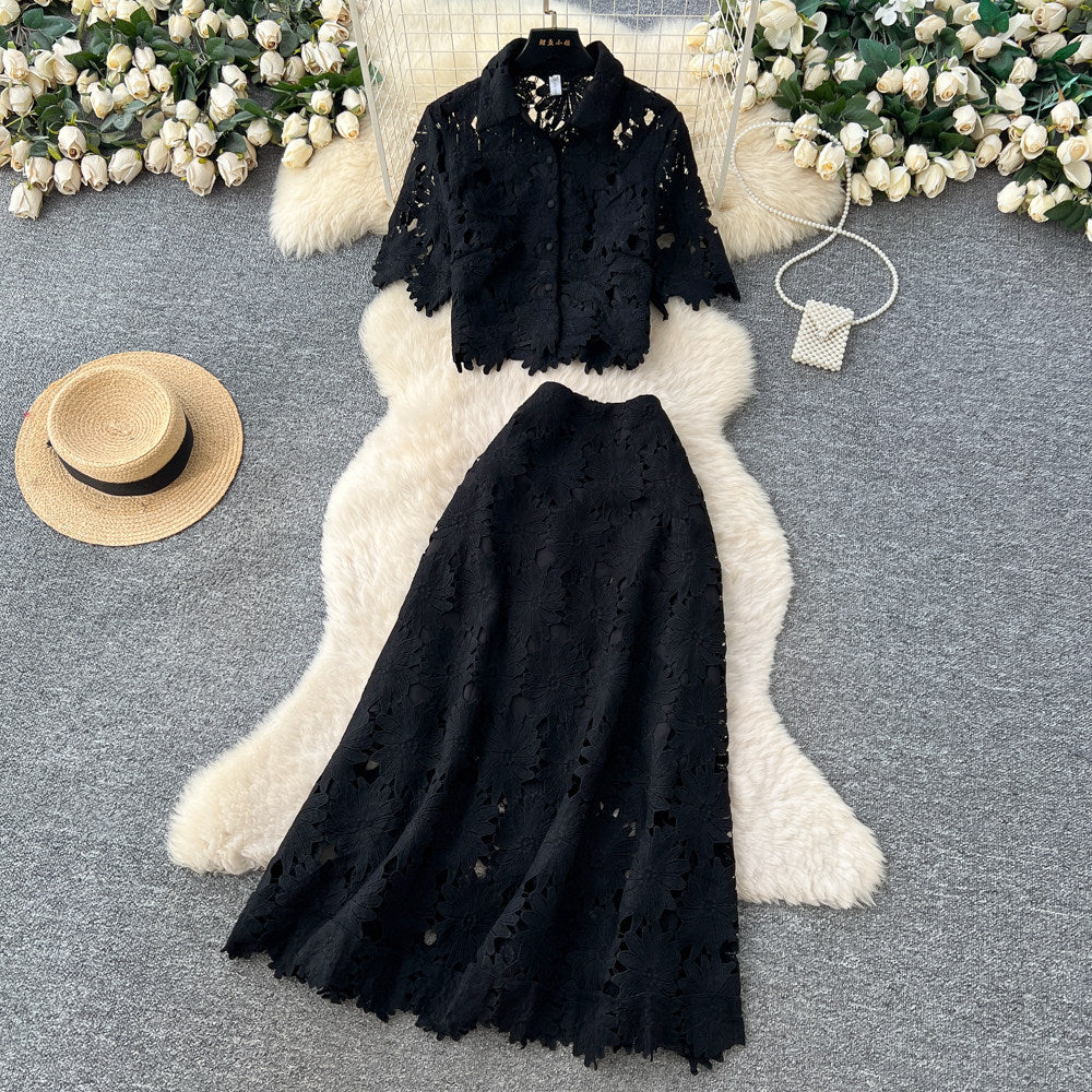French chic cutout lace two-piece set: women's spring/autumn fashion commute outfit - short sleeve top & high-waisted midi skirt