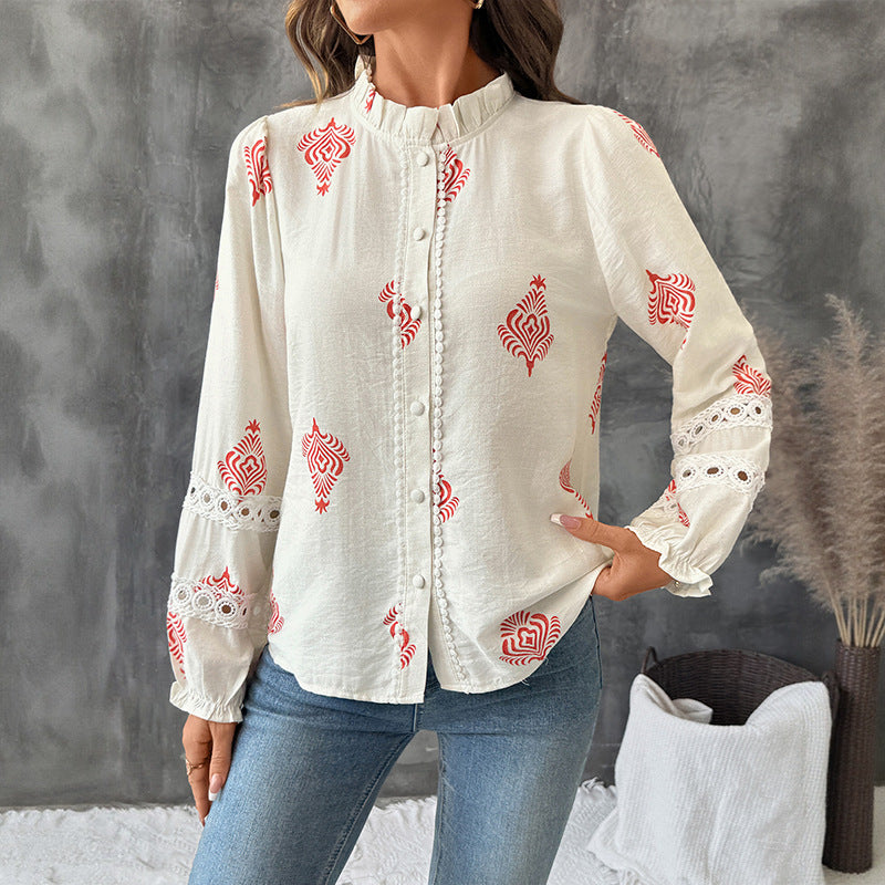 European   2025 new autumn top single-breasted cardigan stand-up collar ethnic style printed shirt women