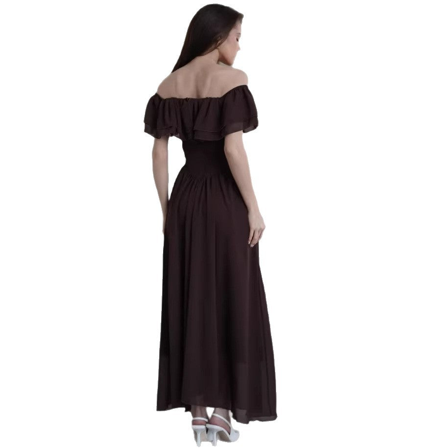 Whiteelegantrufflesslimming look flying sleeves word skirt dress long skirt women's summer other artsyretro short sleeves