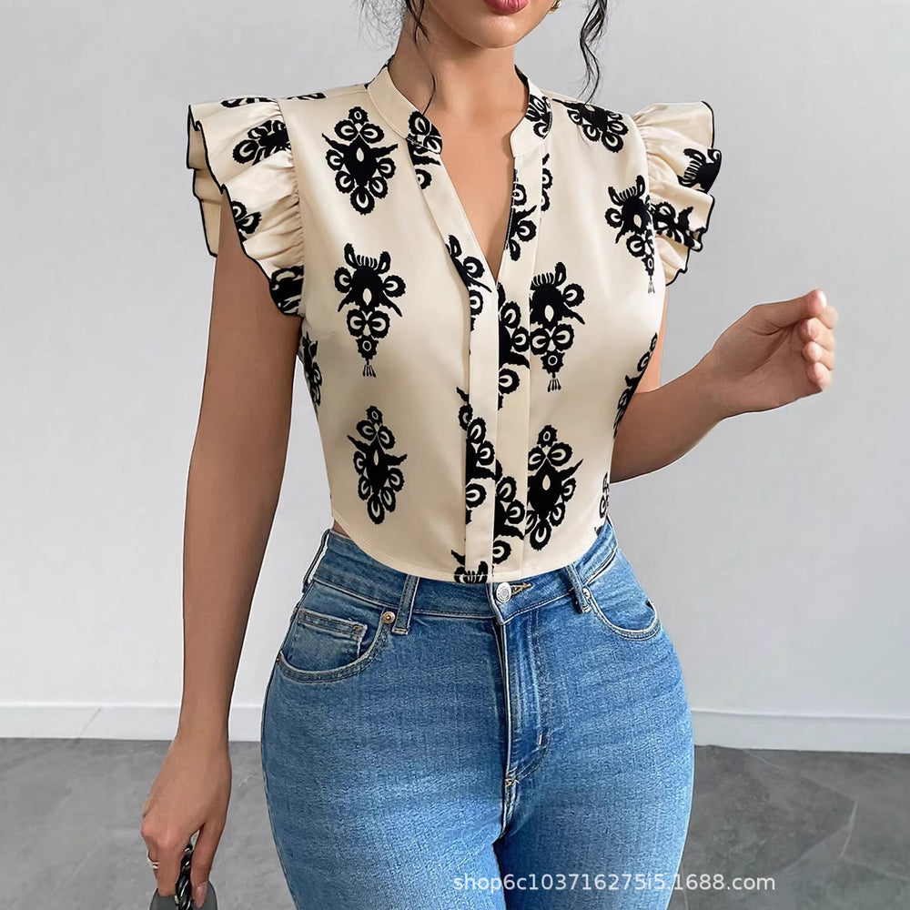 European and american cross-border women's  new print ruffle trim short sleeve top, v-neck single-breasted button-down blouse
