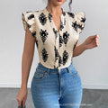 European and american cross-border women's  new print ruffle trim short sleeve top, v-neck single-breasted button-down blouse