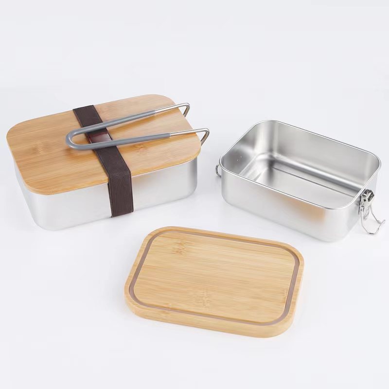 304 stainless steel Japanese fresh-keeping box with bamboo cover storage refrigerator storage rectangular wooden cover lunch box stainless steel box