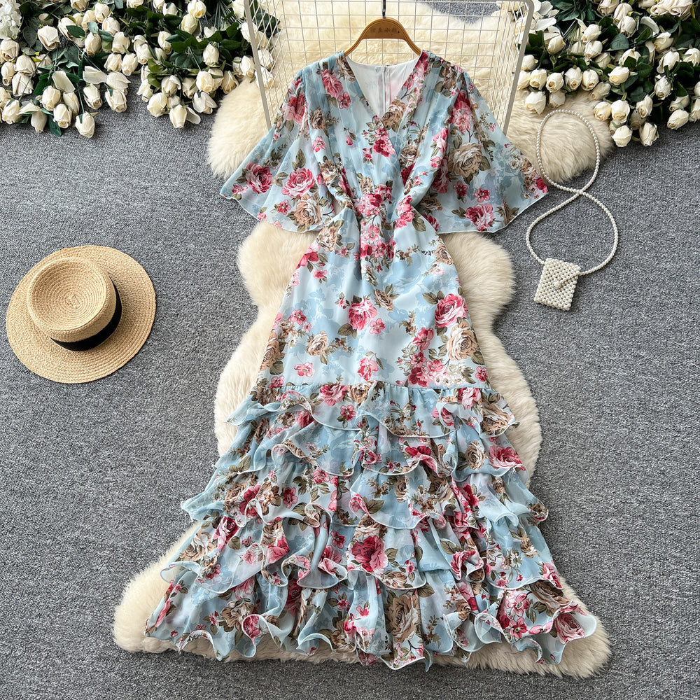K-stylev neck floral multi-layer dress women's summer short sleevehigh waist cake skirt romantic style pinkelegant long skirt