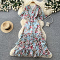 K-stylev neck floral multi-layer dress women's summer short sleevehigh waist cake skirt romantic style pinkelegant long skirt