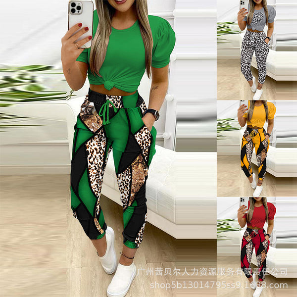 YSK4063EA1 series European and American 2024 women's clothing solid color bubble sleeve top + printed pants two-piece set