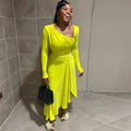European and american style elegant women's bodycon pleated asymmetrical dress solid color long sleeve oblique neck maxi dress gown