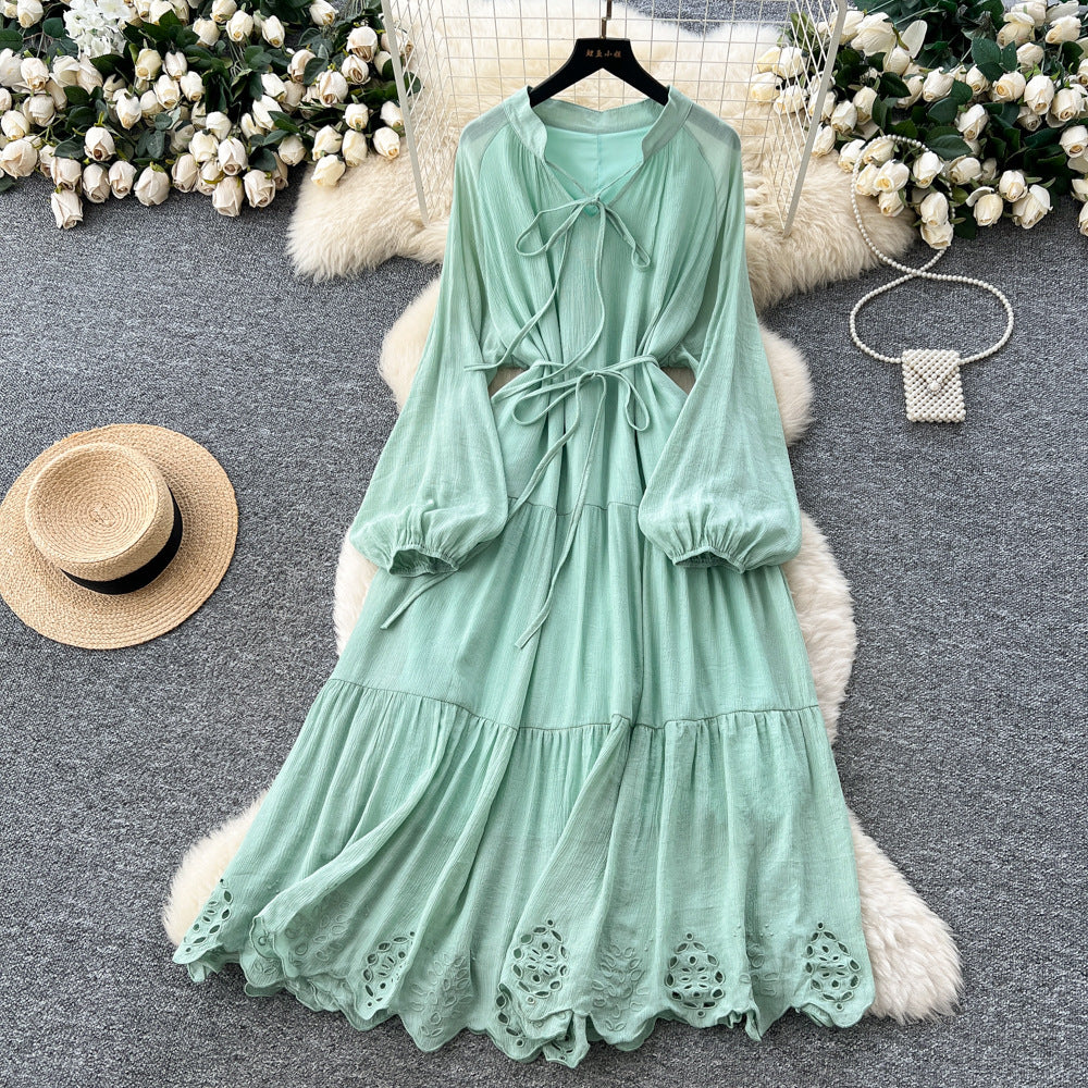 French chic tie-waist lantern sleeve cutout embroidered maxi dress - autumn/winter high-end women's dress