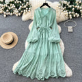 French chic tie-waist lantern sleeve cutout embroidered maxi dress - autumn/winter high-end women's dress