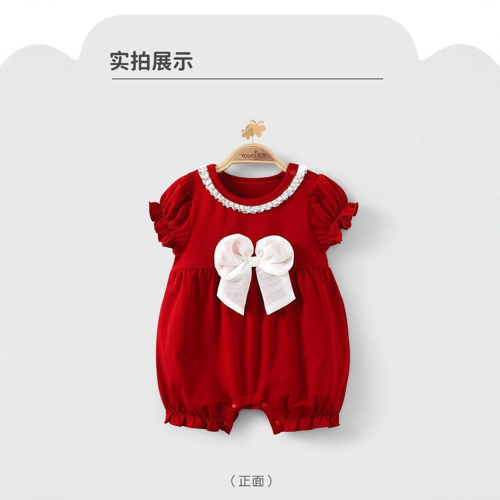 Youqi baby girl red jumpsuit summer full moon 100 days old princess khaki short-sleeved romper cute cute