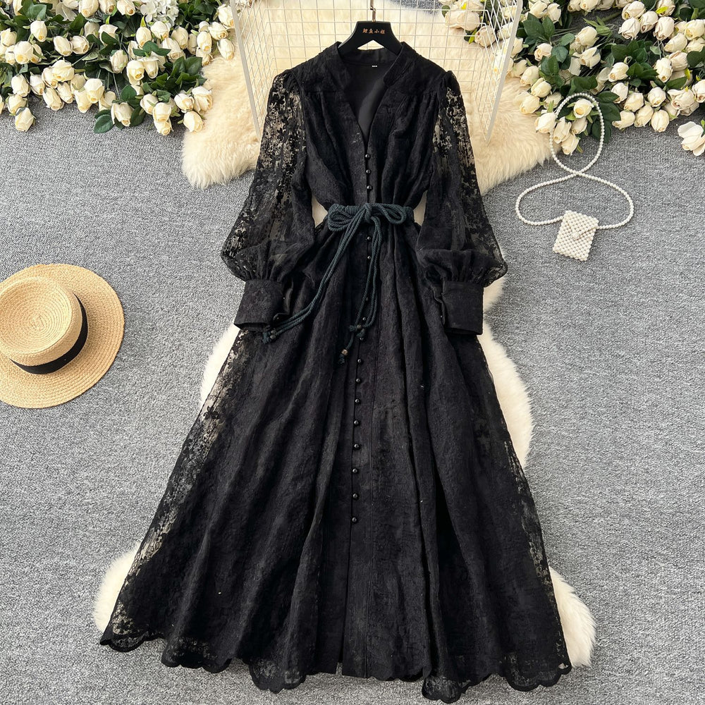 French high-end women's dress - spring  collection: cinched waist, exquisite embroidery, v-neck, lantern sleeves, single-breasted long dress