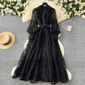 French high-end women's dress - spring  collection: cinched waist, exquisite embroidery, v-neck, lantern sleeves, single-breasted long dress