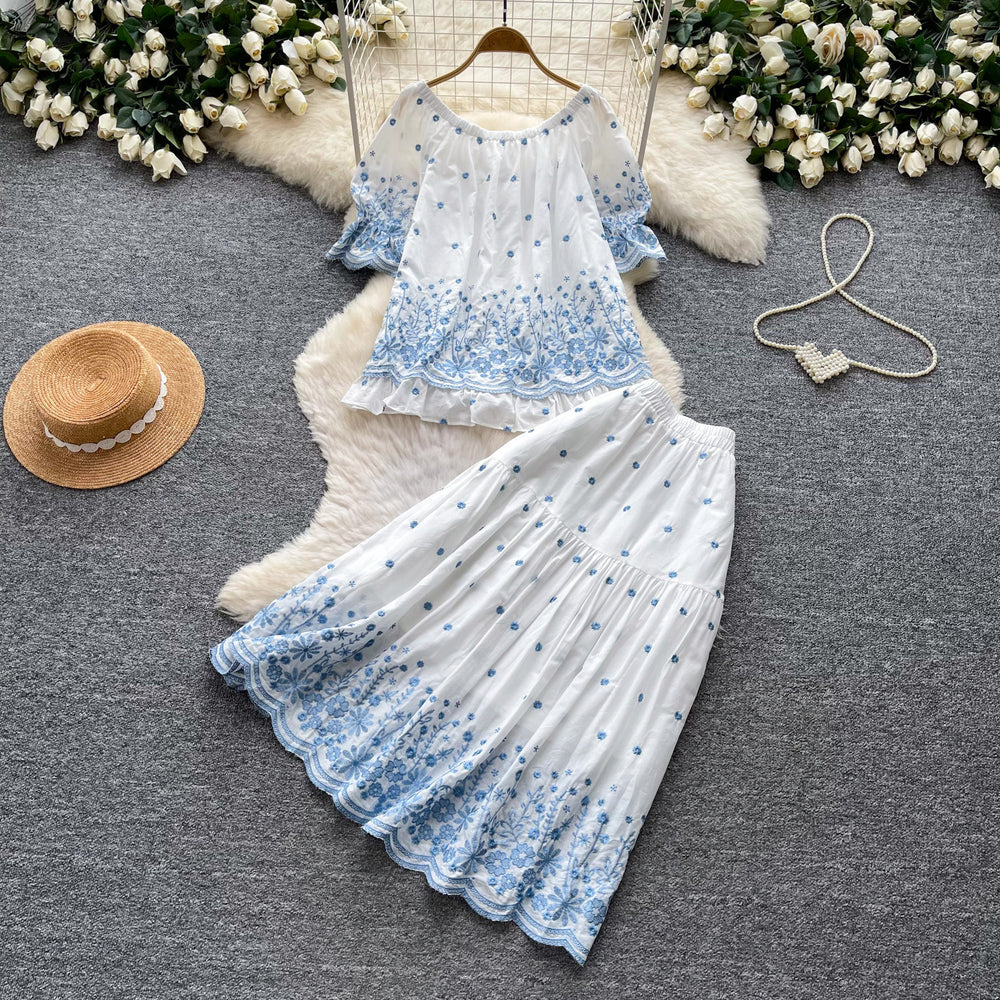 Heavy embroiderflower vest skirt elegancesuit women's summerslimming looklooseeleganttwo-piece setwork clothing style
