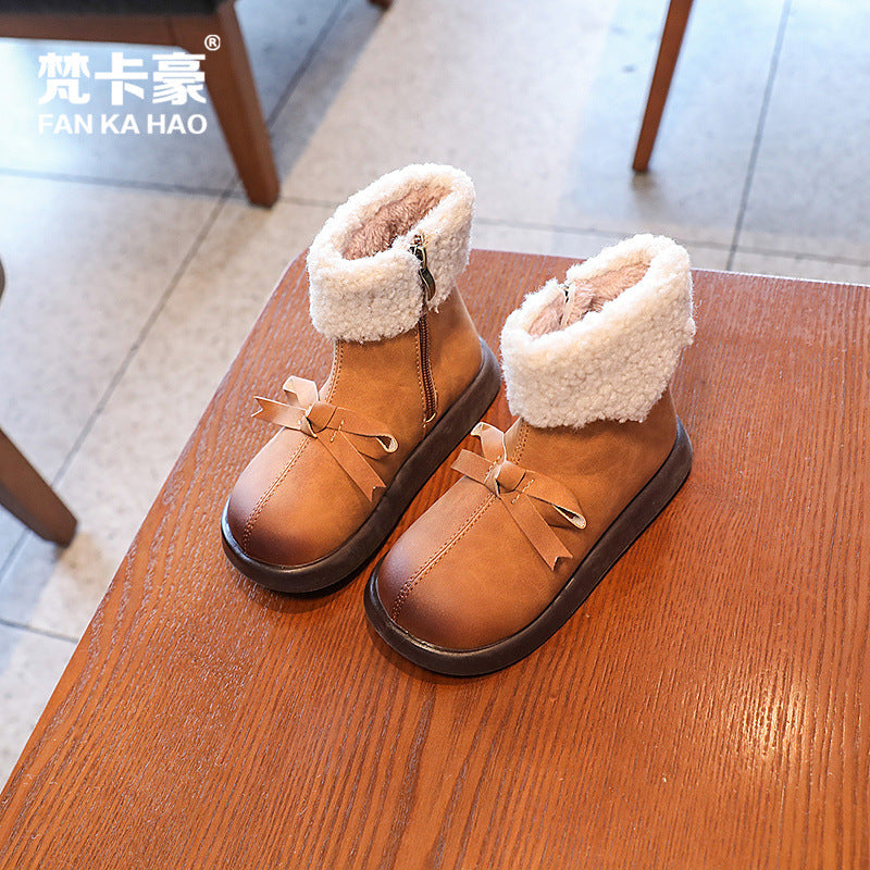 Girls' bowknot casual princess ankle boots - autumn/winter versatile kids' indoor/outdoor warm fleece-lined thickened trendy boots