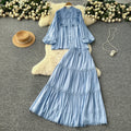 French chic outfit: women's vintage court style lace trimmed lantern sleeve single-breasted blouse with high-waisted flared midi skirt