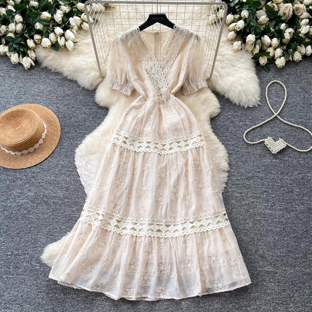 French romantic pink v-neck lace dress - women's summer korean style short sleeve slimming a-line cake dress