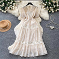 French romantic pink v-neck lace dress - women's summer korean style short sleeve slimming a-line cake dress