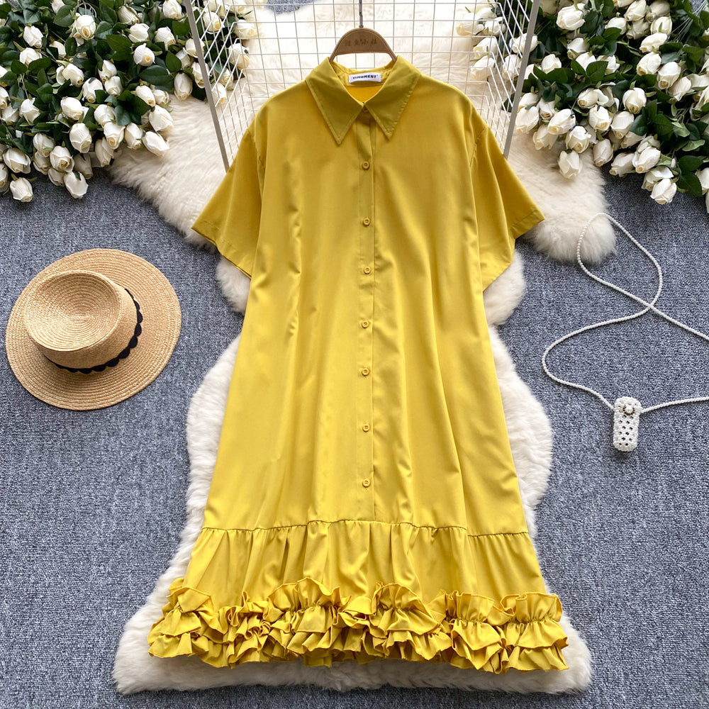 European and american style women's summer dress - unique design, loose fit, slimming, short sleeve, single-breasted, ruffle hem shirt dress