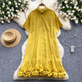 European and american style women's summer dress - unique design, loose fit, slimming, short sleeve, single-breasted, ruffle hem shirt dress
