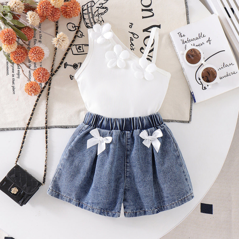 exclusive for european and american girls, new style children's white camisole + blue shorts