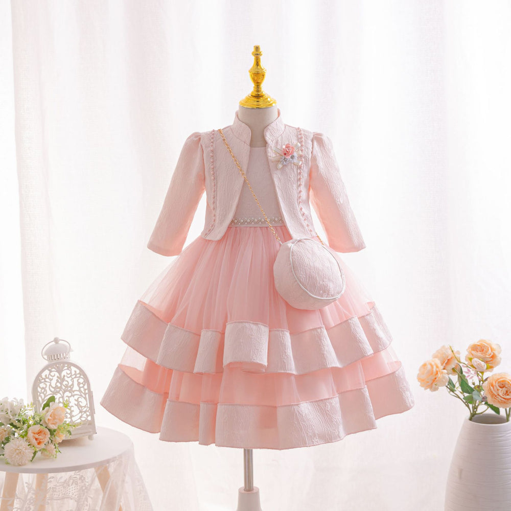New three-piece children's formal dress set, featuring a beaded floral princess gown, perfect for little girls' piano recitals and flower girl outfits