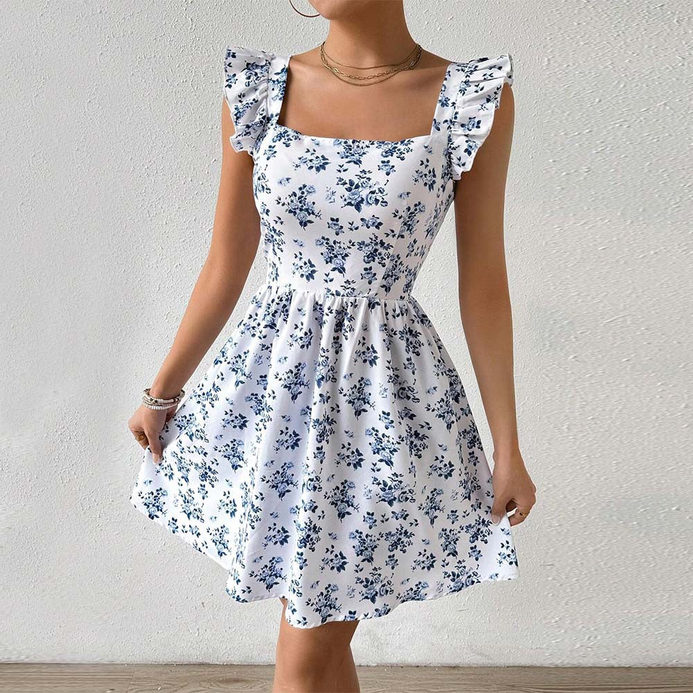 Amazon  european and american cross-border spring/summer sweet & slim-fit design: open back, tie-up, flutter sleeve, floral print dress