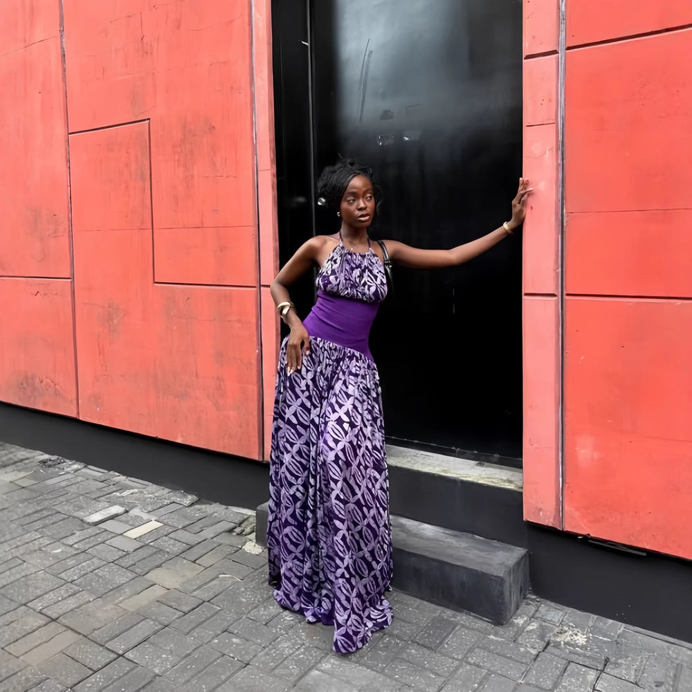 European and american cross-border women's spring  new sleeveless tie-neck halter backless cinched waist ruched maxi dress