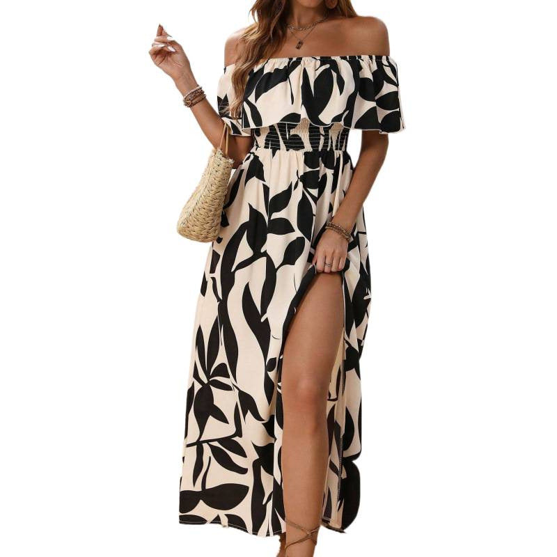Women's one-shoulder, cinched-waist, slit maxi dress – perfect for work, vacation, and casual wear. summer fashion essential