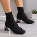 Fashion low-top elastic boots fall and winternew arrivalfashion thin boots rhinestone thick heel fly woven square toe short boots women's shoes