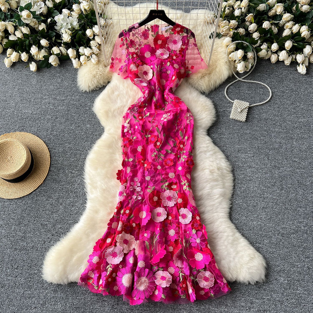 Evening party high-end formal dress women's long dress european and american style 3d floral embroidery slimming mermaid tail