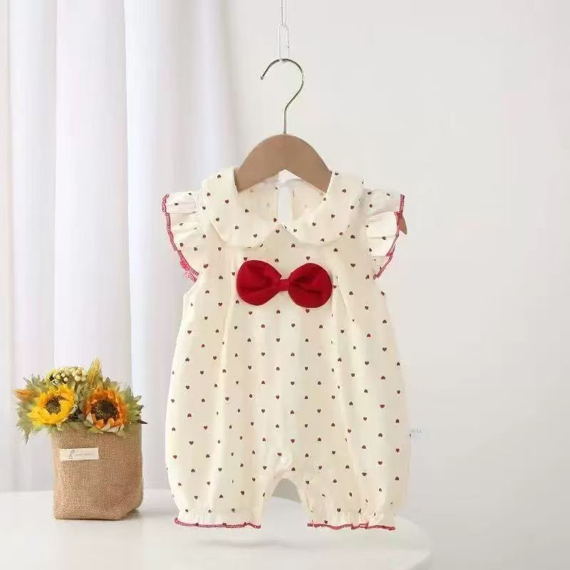 Newborn baby girl flutter sleeve heart romper - summer lightweight heart & bowknot peter pan collar bodysuit