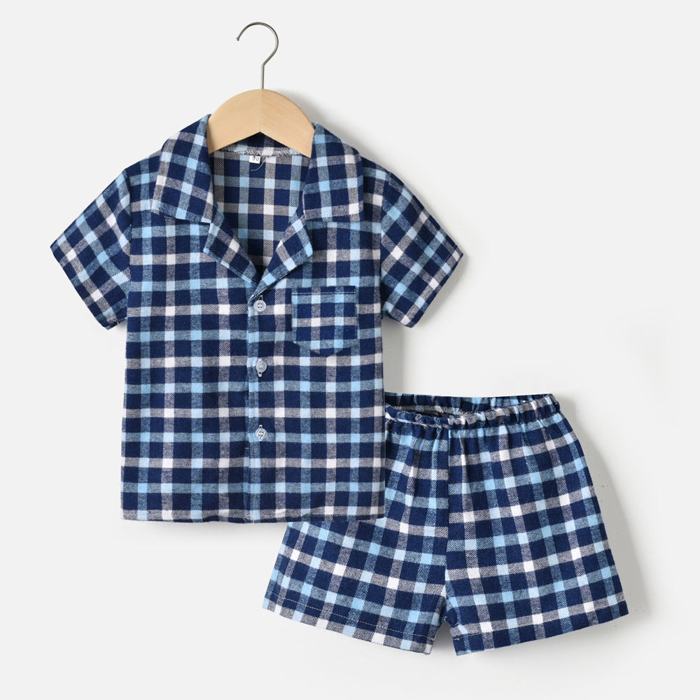 Export children's clothing kids pajamas spring and summer boys short-sleeved kids plaidcardigan boys thin cotton kids home clothes